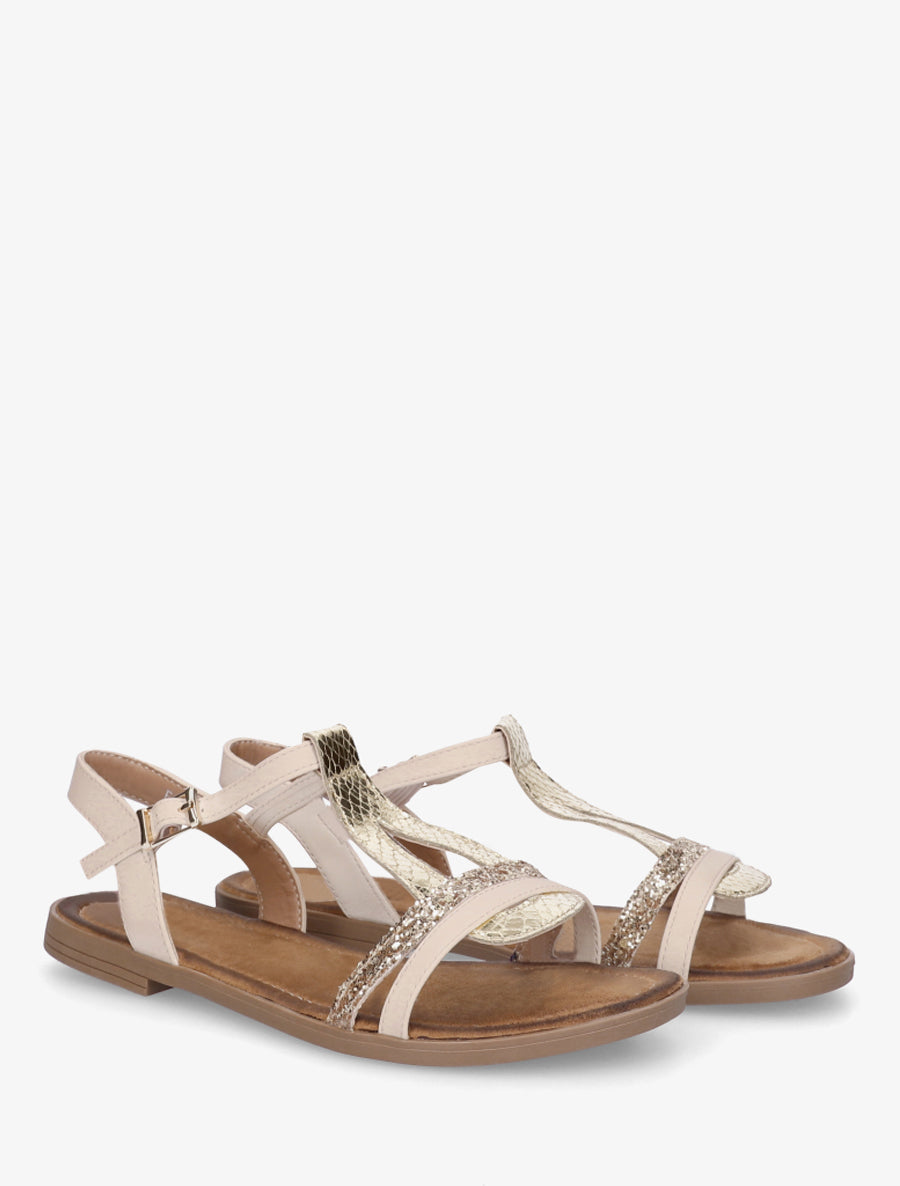 Nu-pieds en simili à brides effet python et pailleté - Beige - 4