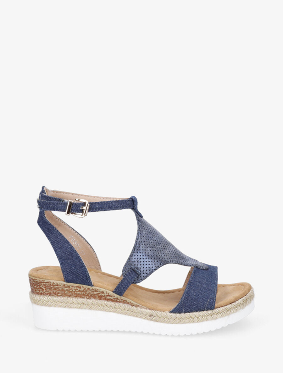 Sandales compensées bi-matière - Bleu denim - 1
