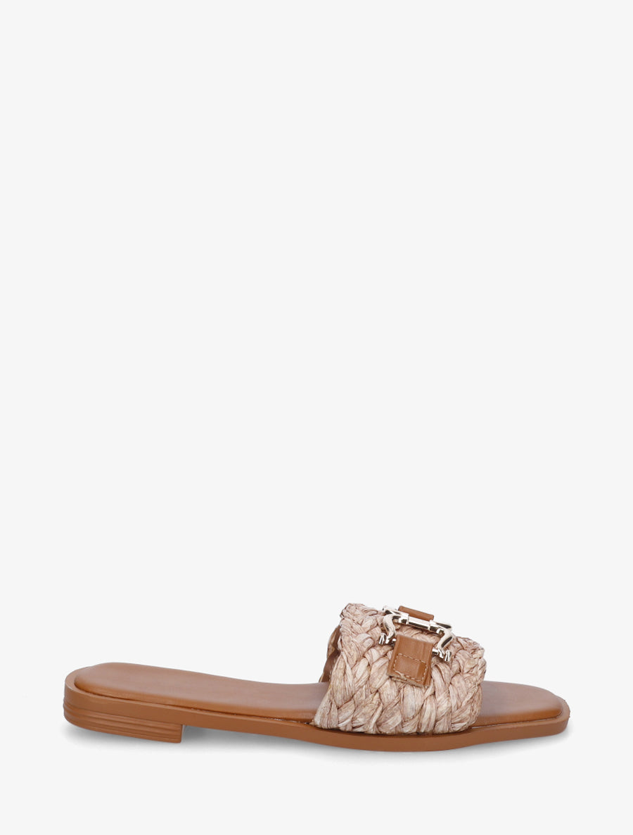 Mules plates en raphia à boucle fantaisie Taupe Inspee