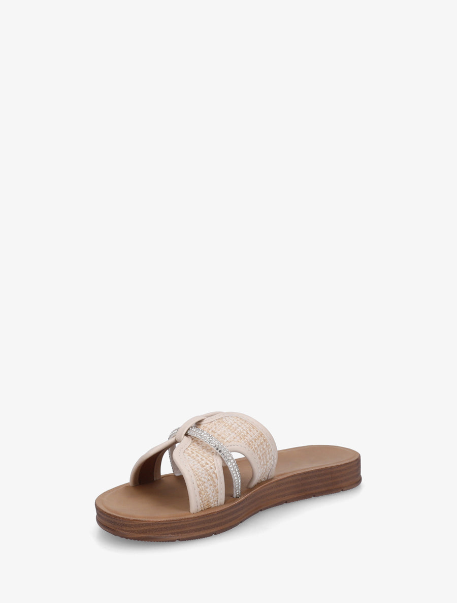 Mules plates en simili et raphia à strass - Beige - 3