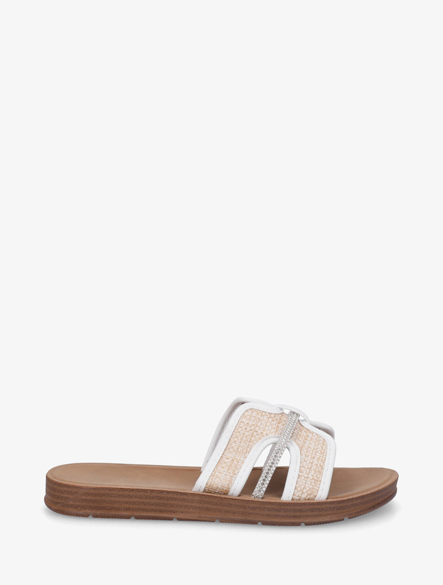 Mules plates en simili et raphia à strass - Blanc - 1