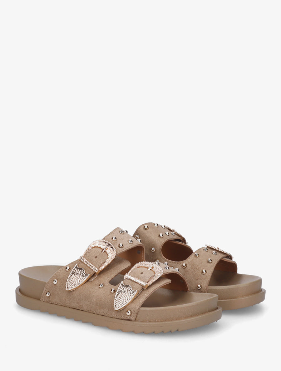 Claquettes cloutées en suédine - Taupe - 4