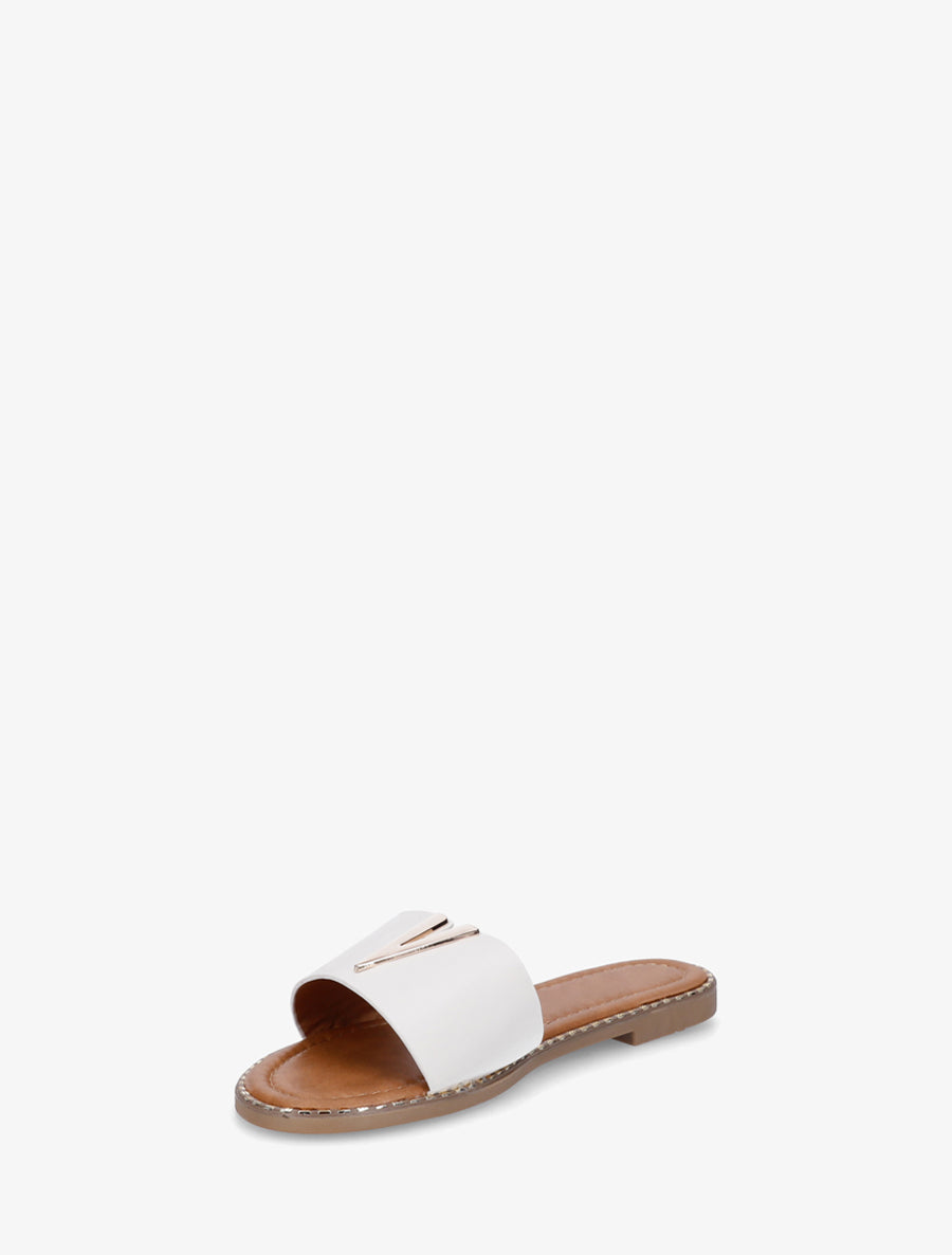 Claquettes en simili à empiècement bijou V - Blanc - 3