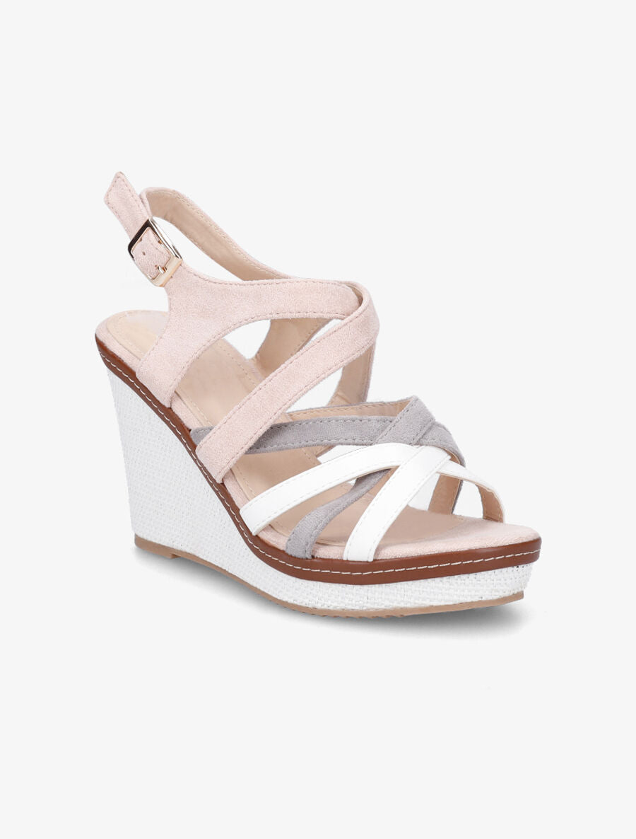 Sandales compensées en suédine et simili - Rose - 2