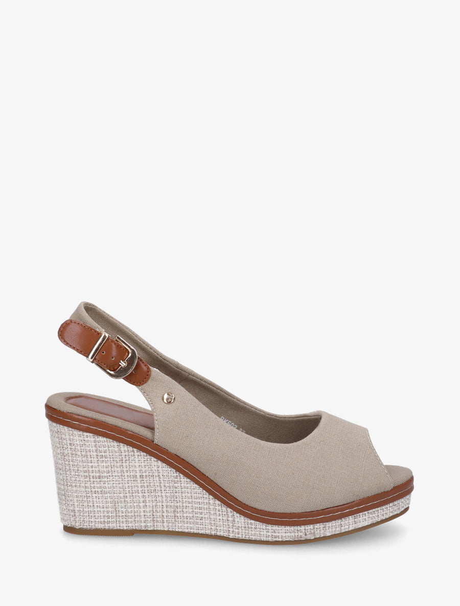 Sandales compensées peep toe en tissu - Taupe - 1