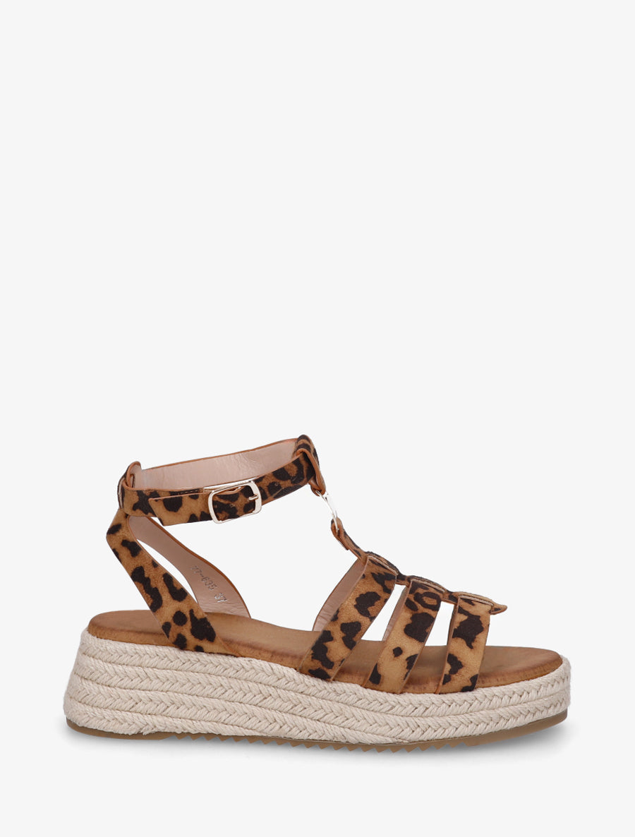 Sandales léopard style spartiate à semelle compensée - Camel - 1