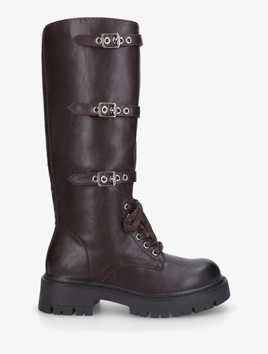 Bottes en simili à triple sangles - Marron - 1