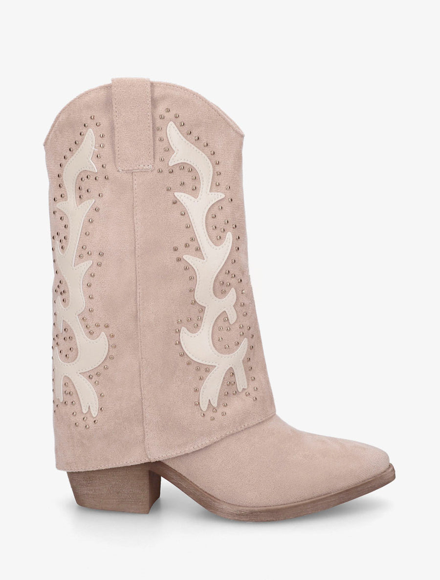 Bottes cloutées style santiag en suédine - Beige - 1