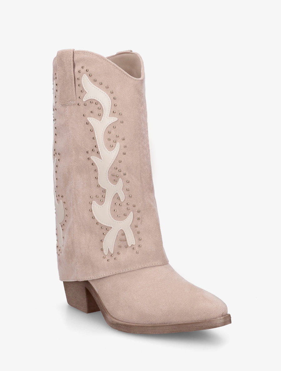 Bottes cloutées style santiag en suédine - Beige - 2