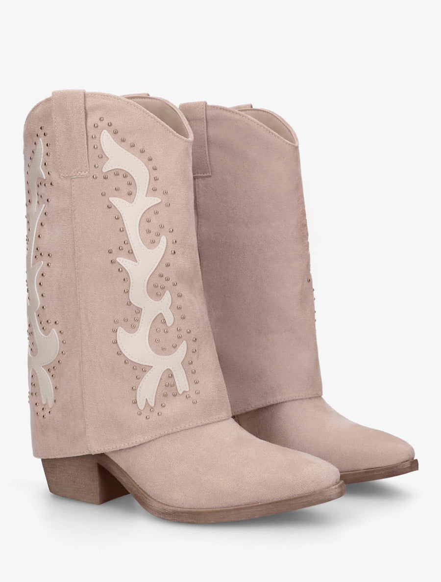 Bottes cloutées style santiag en suédine - Beige - 4