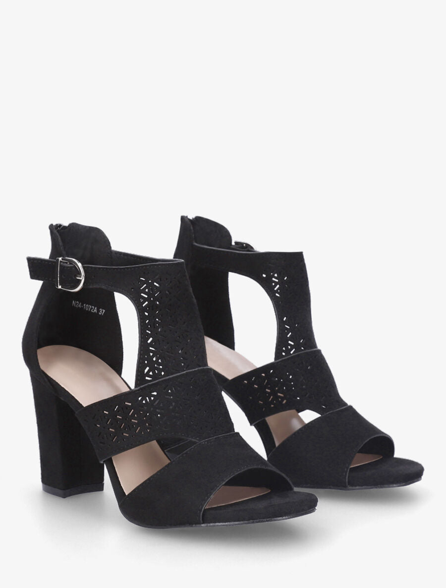 Sandales à talon et bride ajourée en suédine - Noir - 5