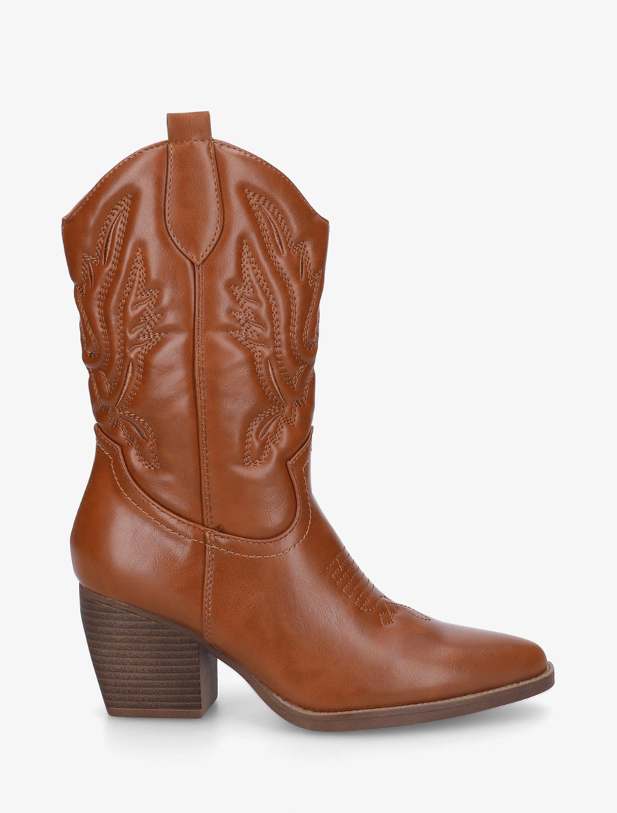 Bottines montantes en simili style santiag - Camel - 1