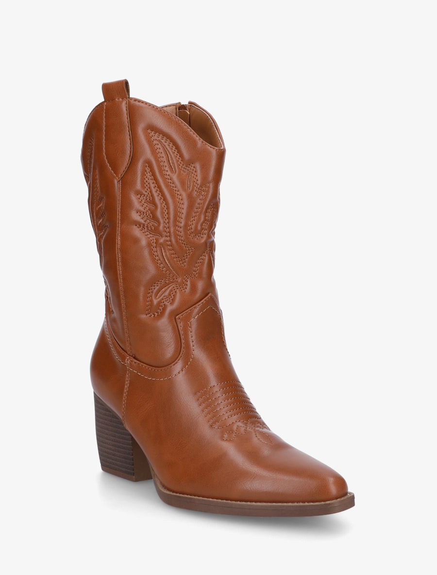 Bottines montantes en simili style santiag - Camel - 2