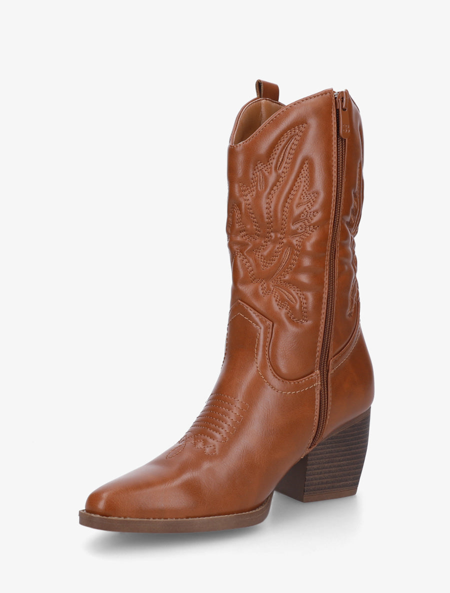 Bottines montantes en simili style santiag - Camel - 3