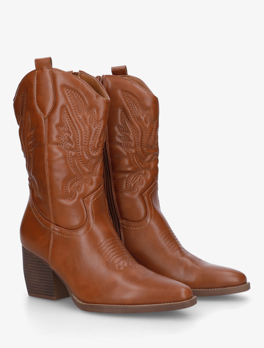 Bottines montantes en simili style santiag - Camel - 4