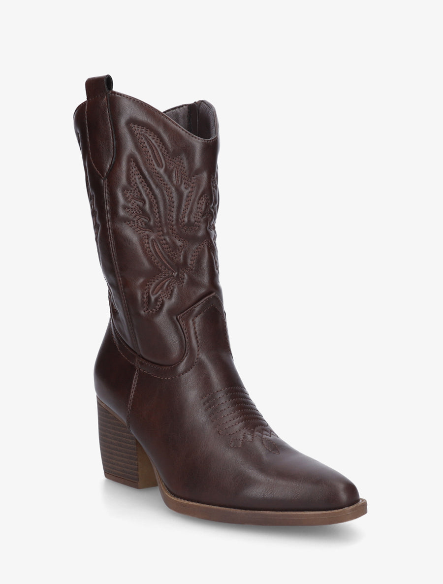 Bottines montantes en simili style santiag - Marron - 2