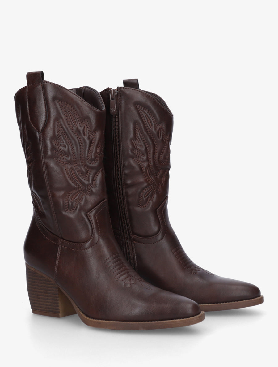 Bottines montantes en simili style santiag - Marron - 4