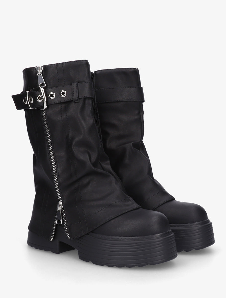 Bottines montantes à revers et zip décoratif - Noir - 4