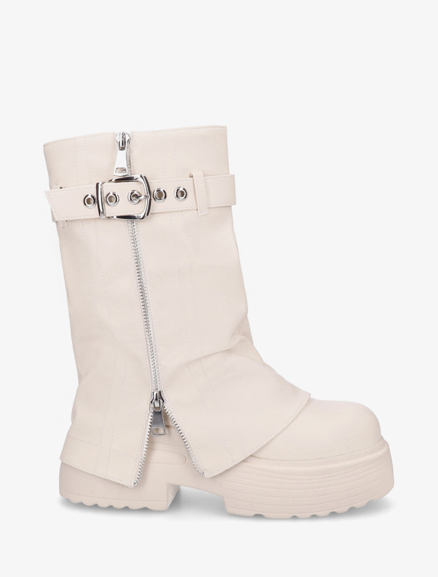 Bottines montantes à revers et zip décoratif - Beige - 1
