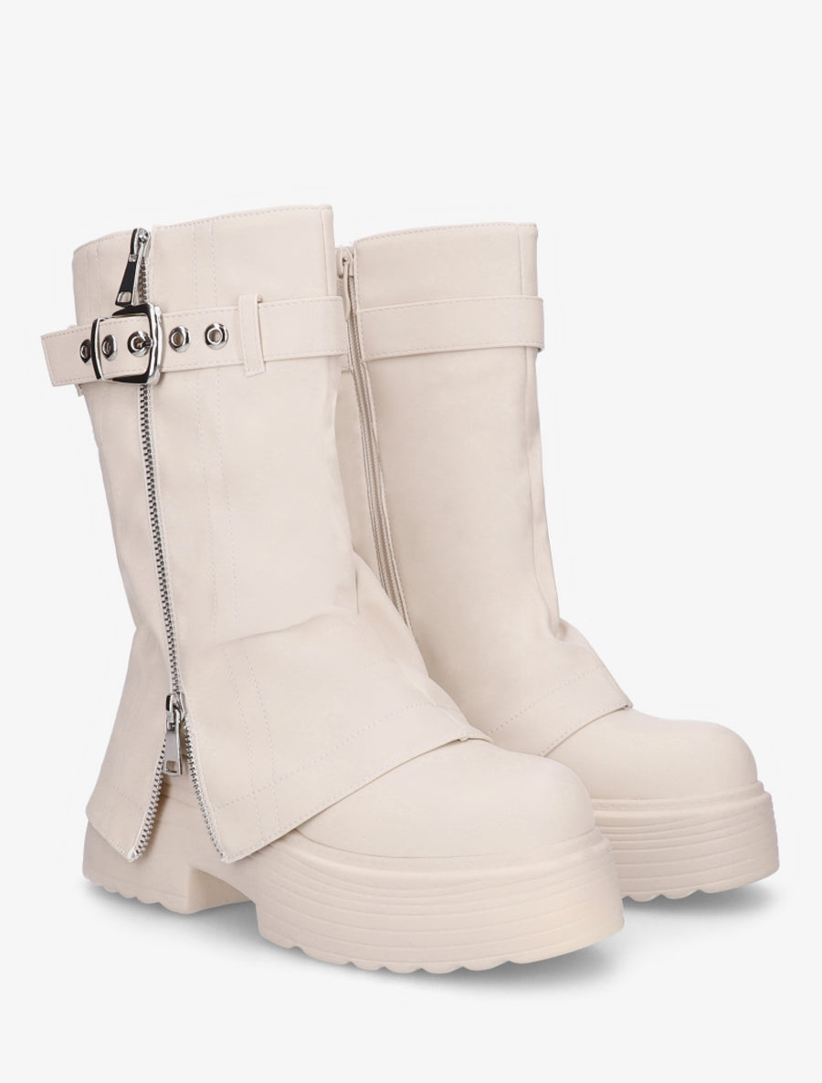 Bottines montantes à revers et zip décoratif - Beige - 4