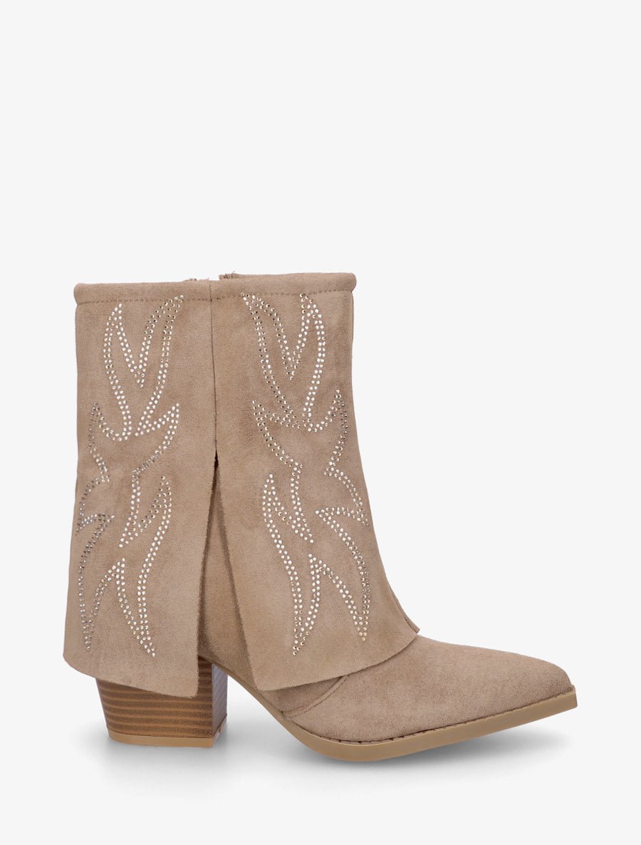 Bottines style santiags à strass - Taupe - 1