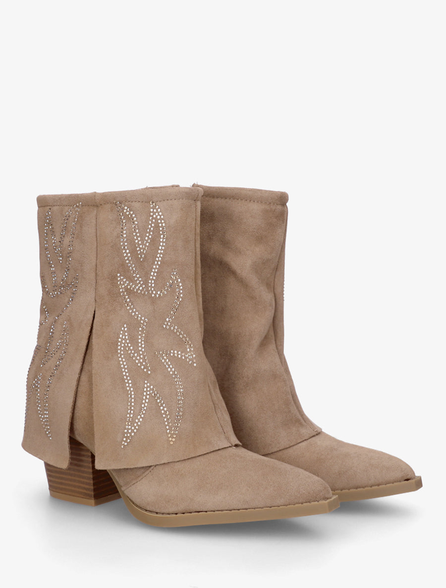 Bottines style santiags à strass - Taupe - 4