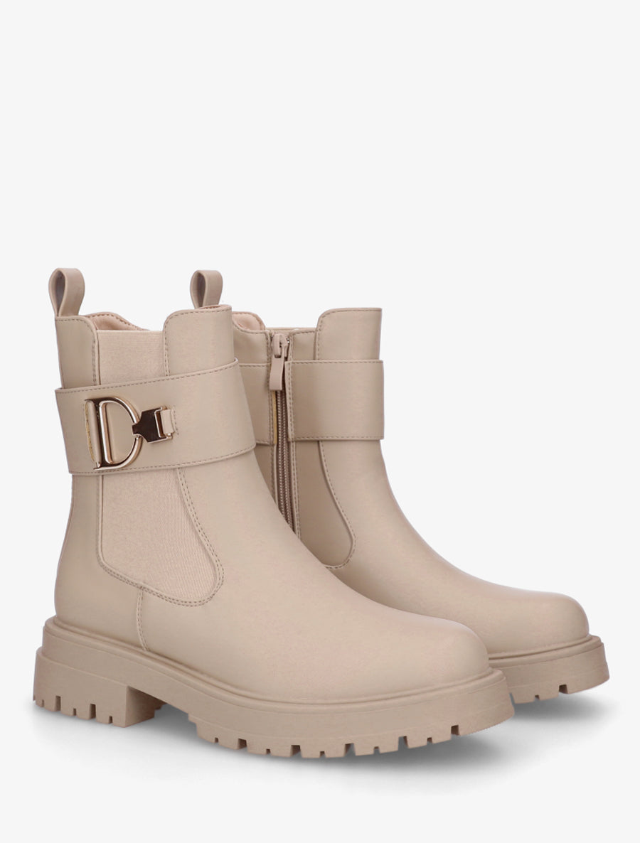 Bottines montantes à boucle décorative dorée - Beige - 4