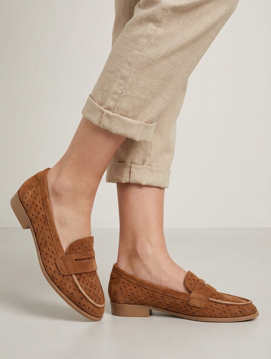 Mocassins ajourés en suédine - Camel
