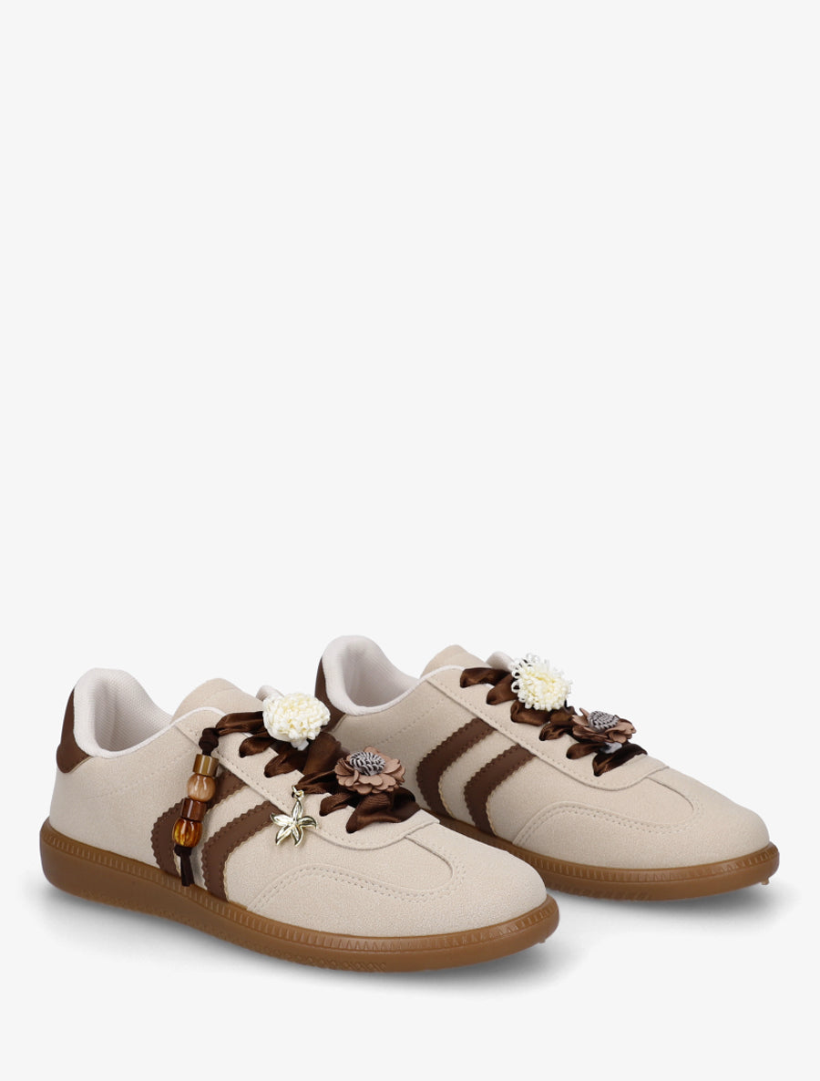 Sneakers à empiècement fleurs et perles en bois - Beige - 4