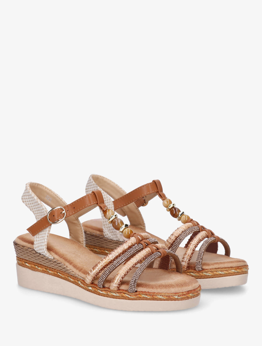 Sandales à brides tressées et strassées - Camel - 4