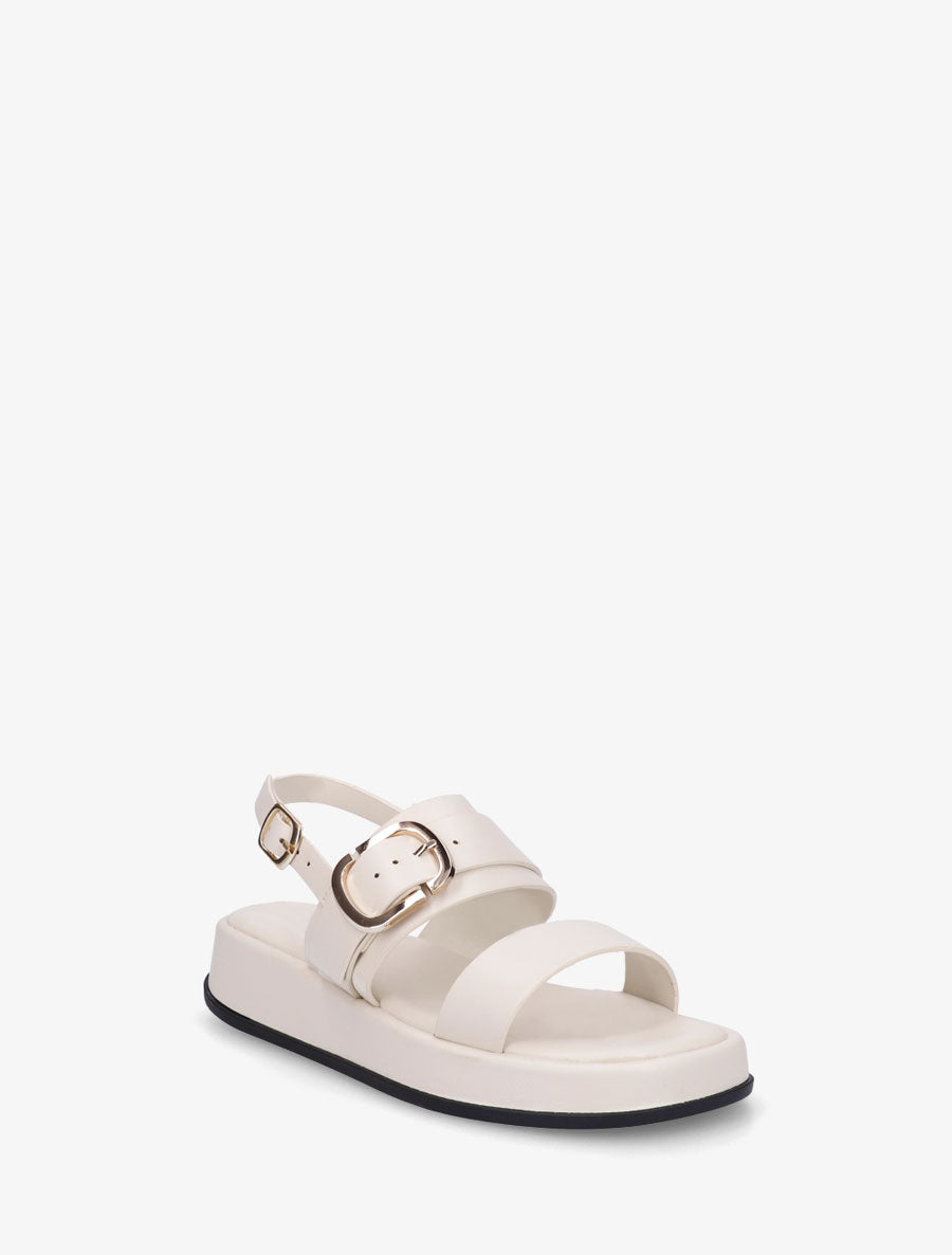 Nu-pieds uni en simili à double boucles - Écru - 2