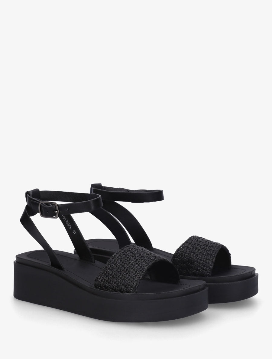 Sandales semi-compensées en raphia tressé - Noir - 4