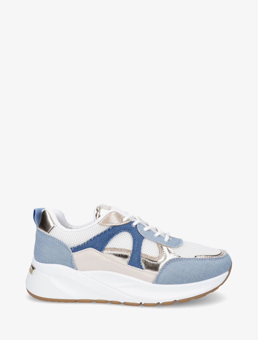 Baskets bi-matière à liseré pailleté - Bleu denim - 5