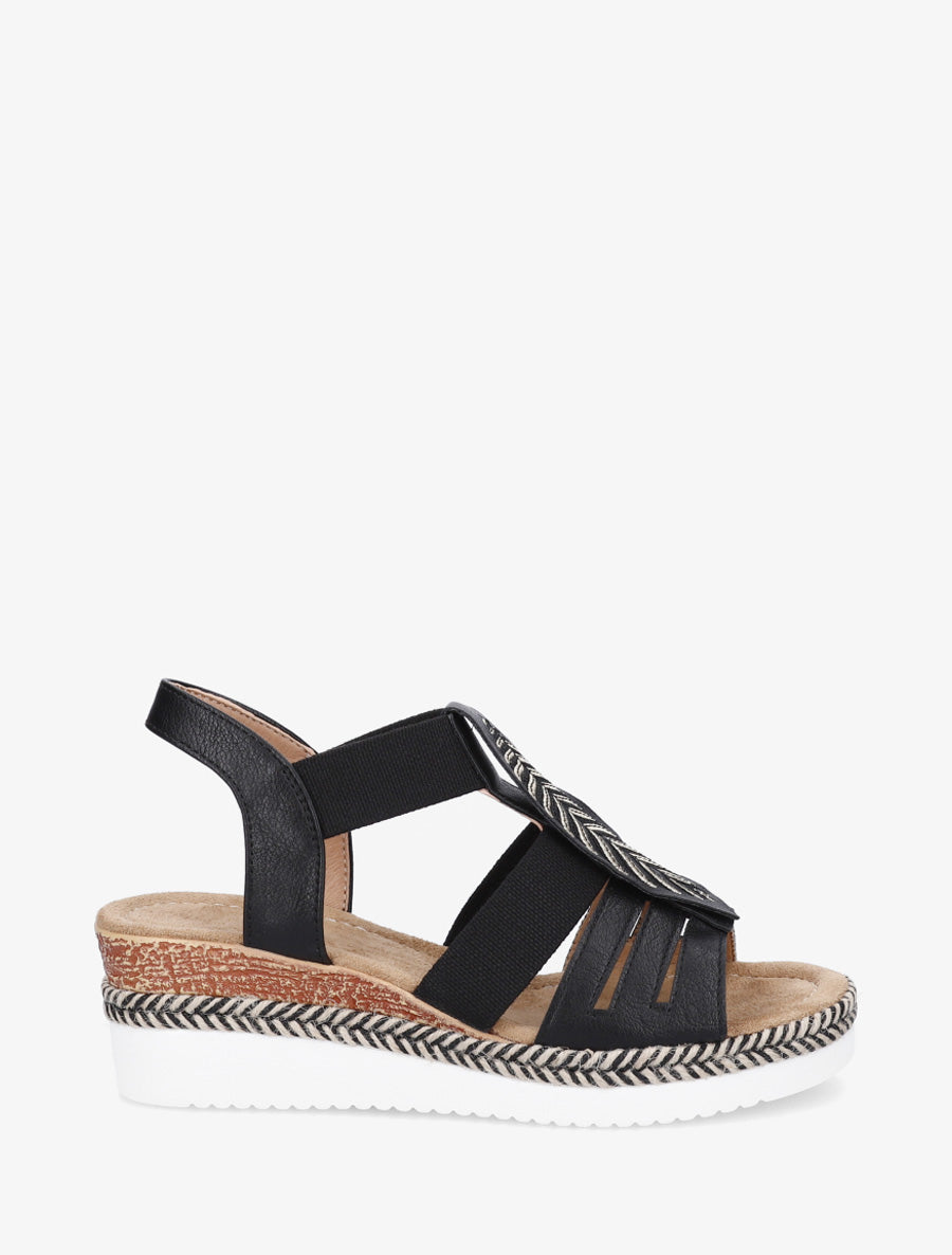 Sandales compensées à motif feuille - Noir - 1