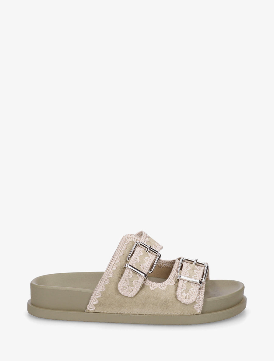 Claquettes à double boucles en suédine et broderies - Kaki - 1