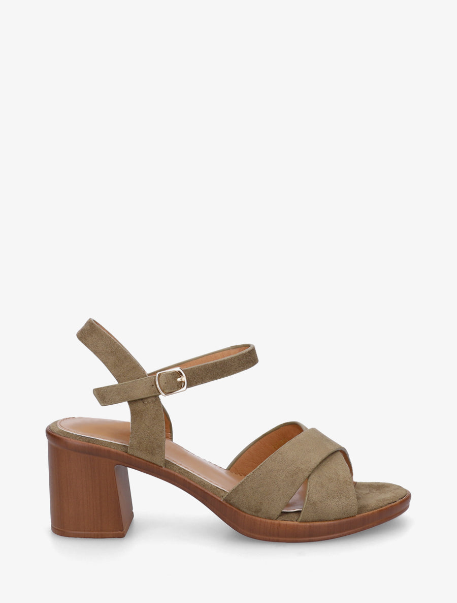 Sandales croisées en suédine à talon carré - Kaki - 1