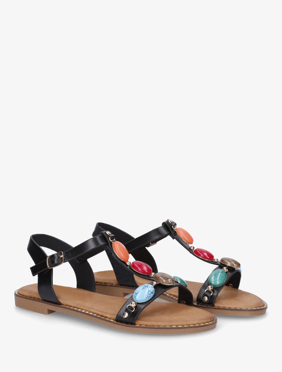 Sandales plates en simili à pierres en résine - Noir - 4