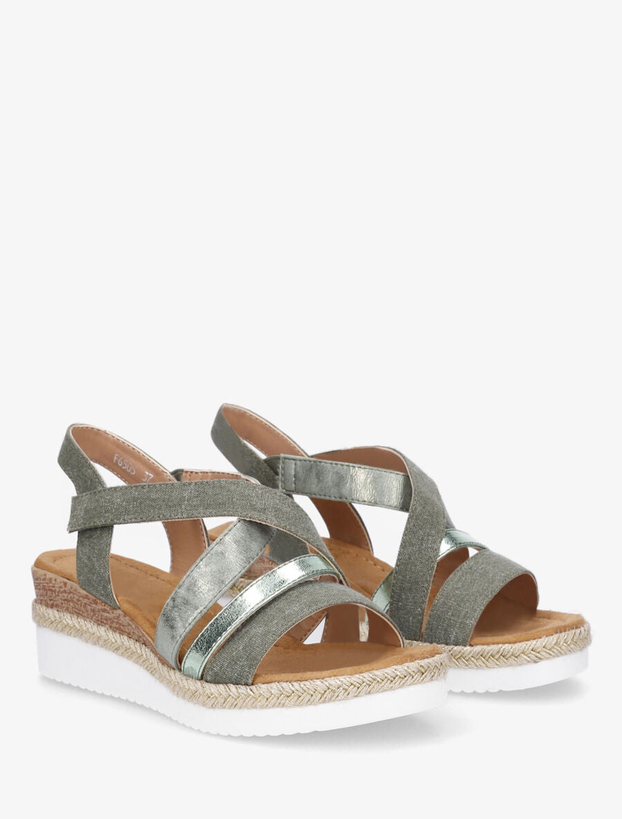 Sandales compensées en tissu à scratch - Kaki - 4