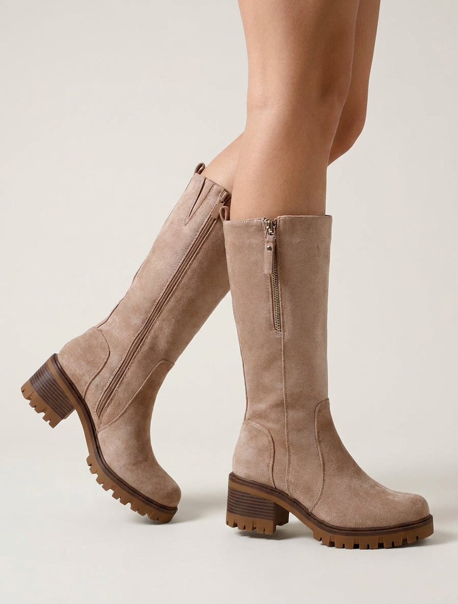 Bottines suédine talon bloc cranté - Taupe