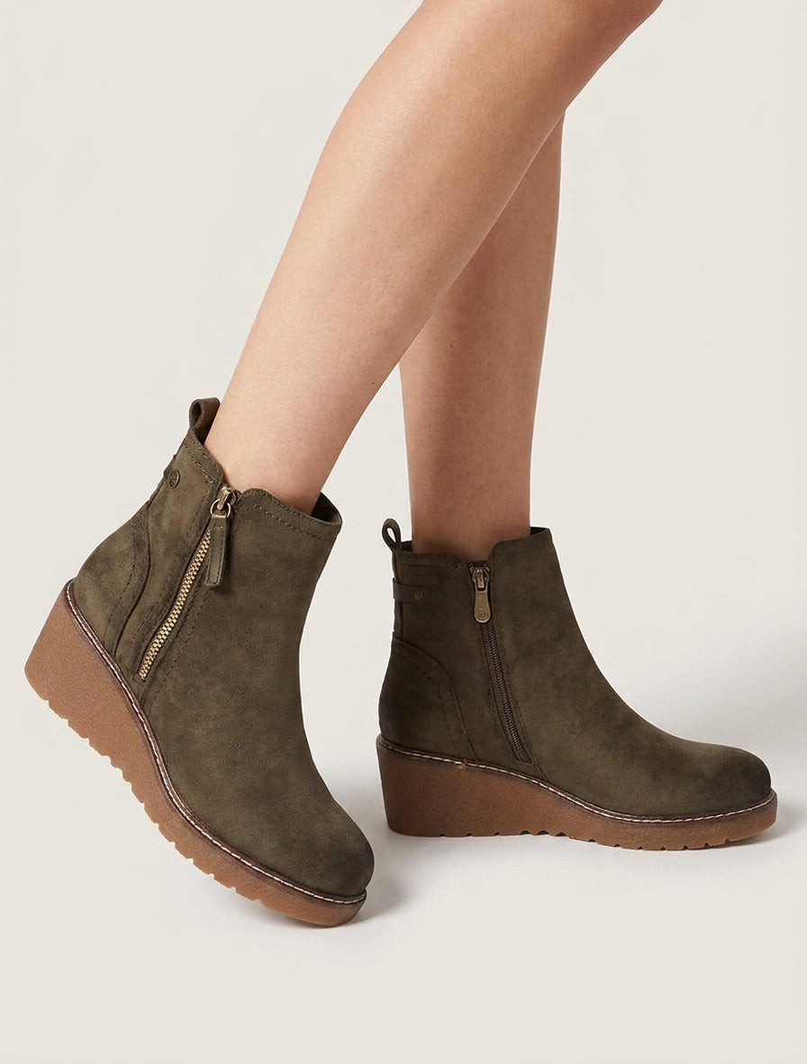 Bottines en suédine à zip décoratif - Kaki