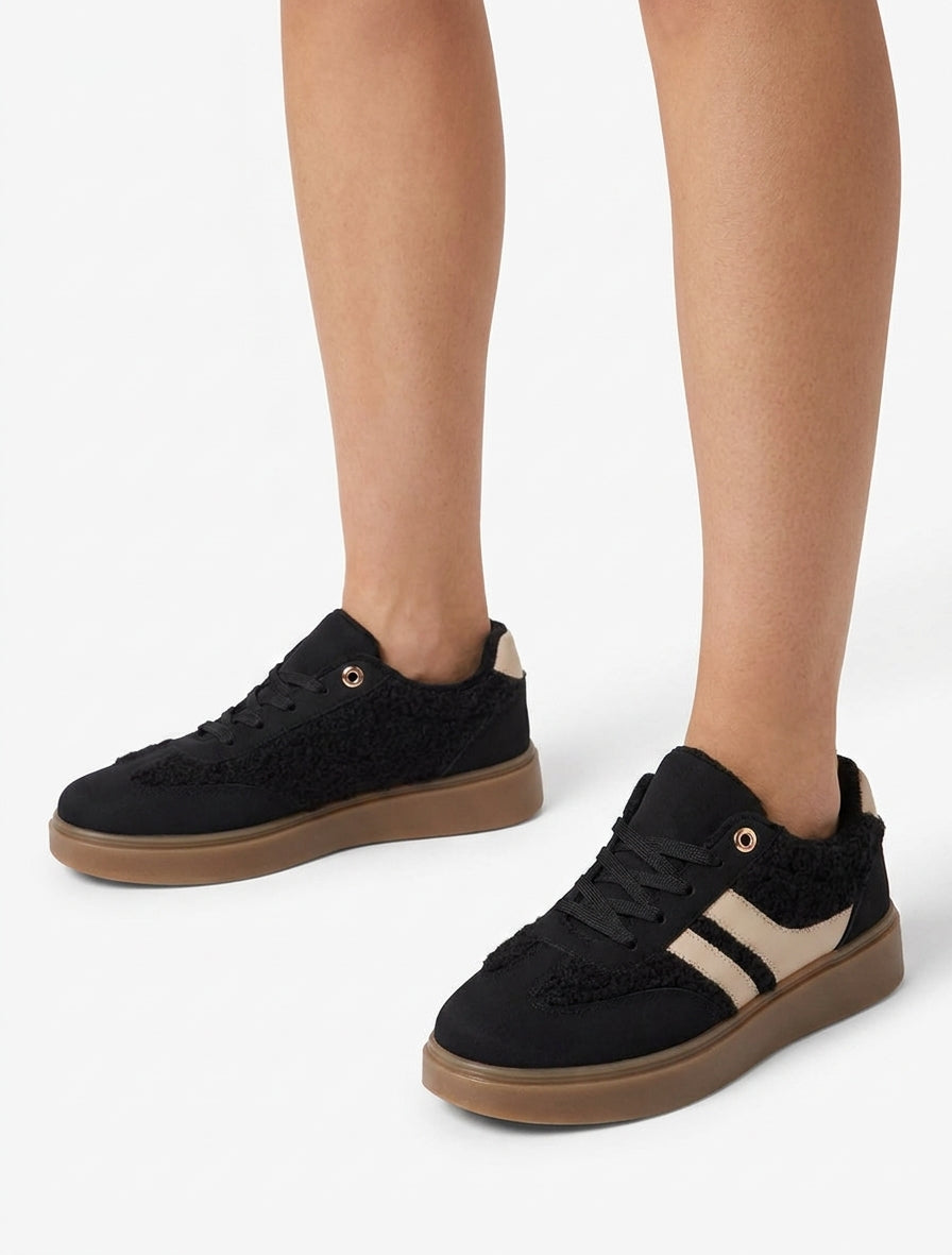 Baskets basses effet laine bouclée - Noir