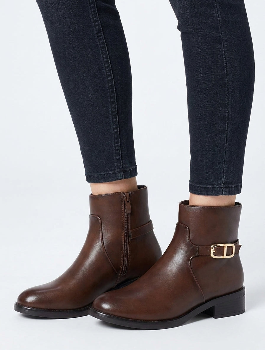 Bottines talon bloc à zip - Marron