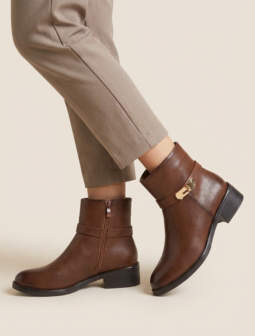 Bottines à talon bloc et zip - Camel