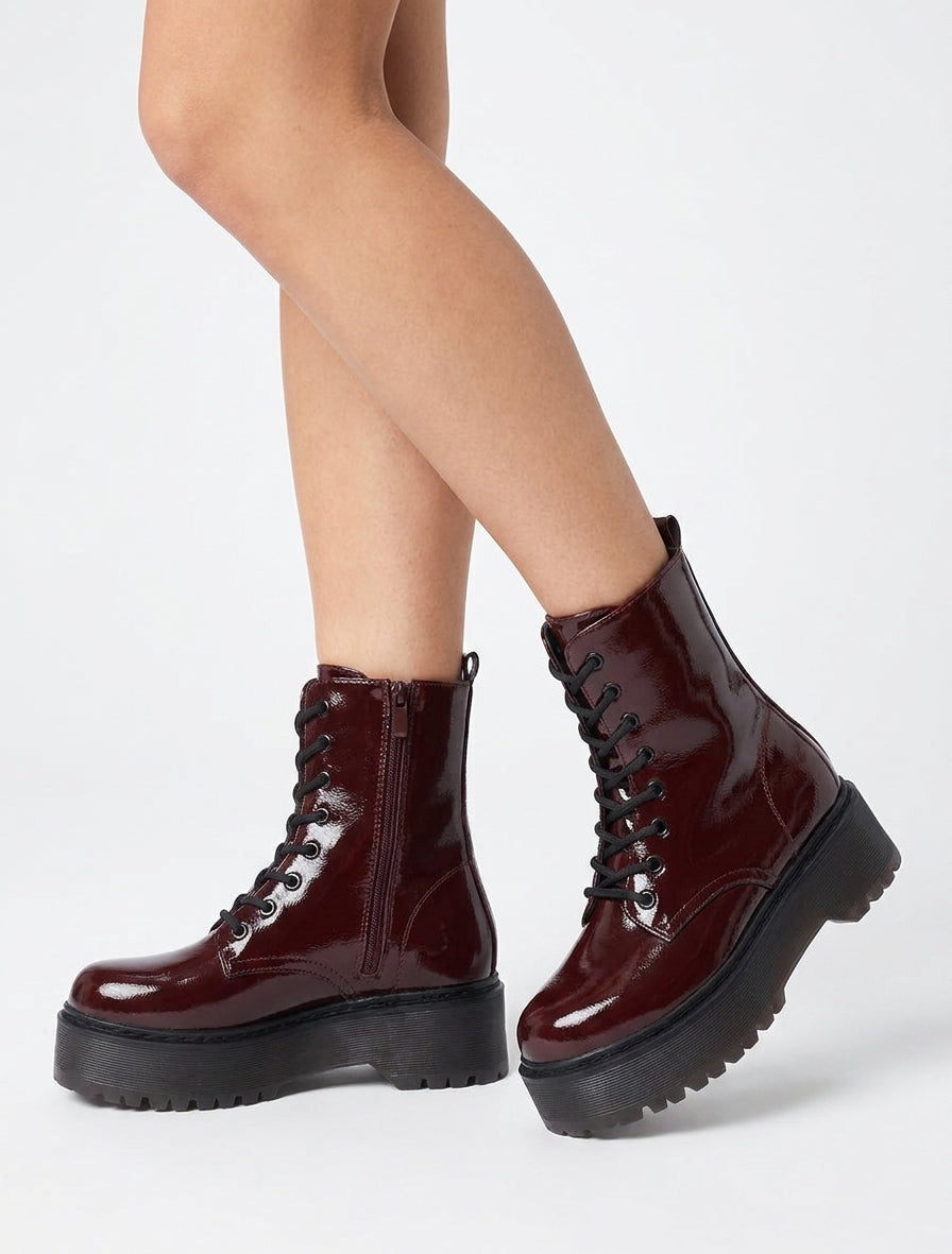 Bottines vernies à plateforme crantée - Bordeaux