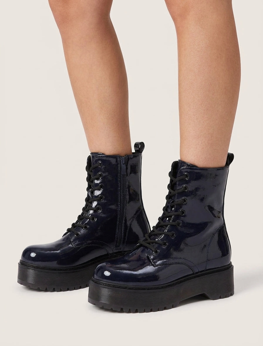 Bottines vernies à plateforme crantée - Bleu nuit