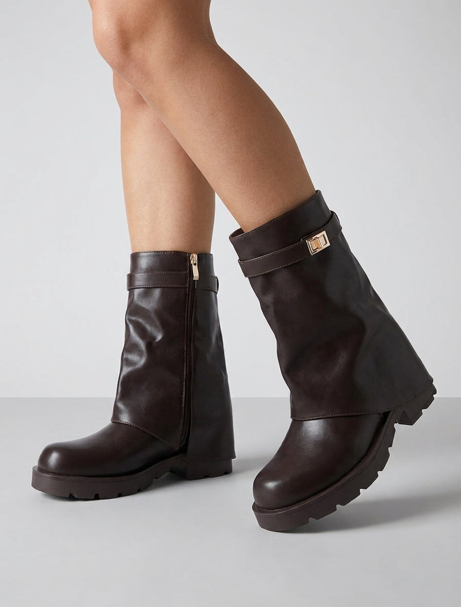 Bottines renversées talon bloc - Chocolat