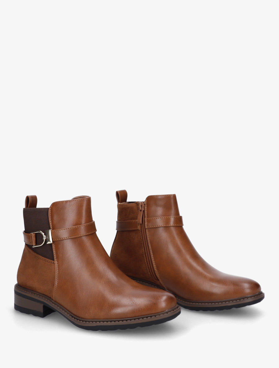 Bottines élastiquées bimatière à boucle métallique - Camel - 4