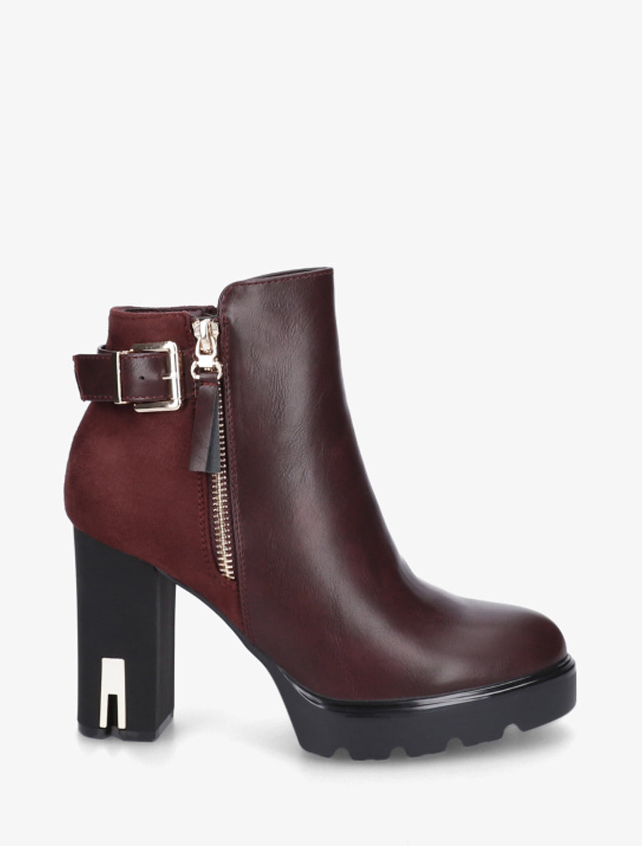 Bottines bimatière à zip décoratif - Lie de vin - 1