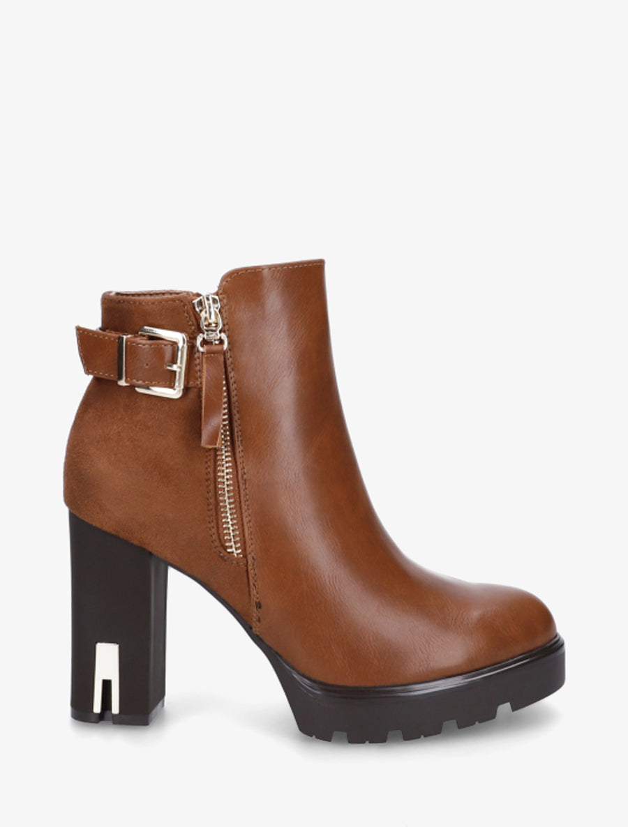 Bottines bimatière à zip décoratif - Camel - 1