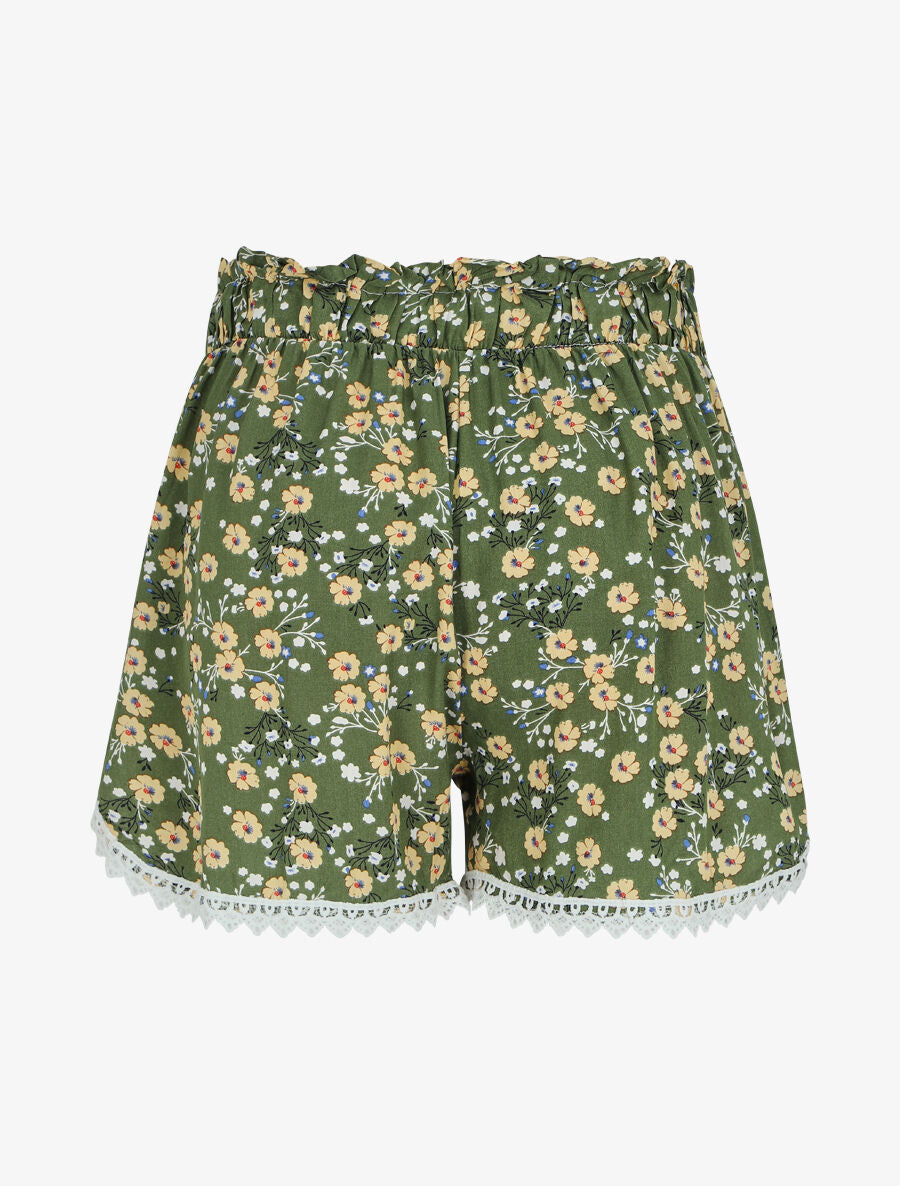 Short imprimé fleurs des champs à taille froncée - Kaki - 2